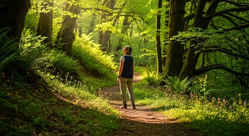 Una mujer de espaldas camina por un sendero en un bosque. Árboles con musgo, helechos y flores pequeñas. Rayos de sol atraviesan las hojas verdes.