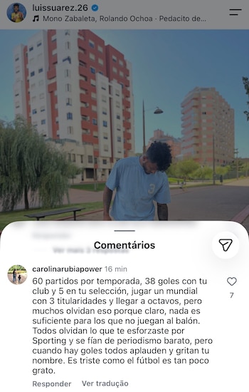 La esposa del delantero de la selección Colombia salió a la defensa del atacante samario tras el rumo de la prensa de Portugal sobre una discusión del atacante colombiano con un integrante del cuerpo técnico del Sporting-crédito @luissuarez.26-@carolinarubiapower/Instagram