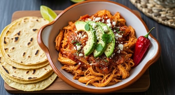 Un plato de tinga de pollo con aguacate, queso y cilantro; al lado, un chile rojo, una rodaja de lima y una pila de tortillas sobre una tabla de madera