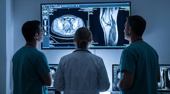 Tres médicos vistos de espaldas observan una gran pantalla iluminada que muestra estudios radiológicos de la pelvis y la rodilla.