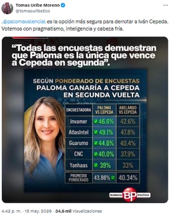 Tomás Uribe respaldó a Paloma Valencia como la alternativa más sólida frente a Iván Cepeda - crédito @tomasuribeEco/X