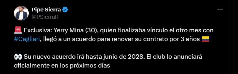 Yerry Mina y Cagliari firmarían acuerdo para jugar hasta 2028, con lo que se asegura el futuro del defensor colombiano en Europa - crédito @PSierraR/X