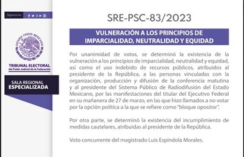 TEPJF ordenó inscribir a AMLO como infractor electoral. | Captura de pantalla: Twitter @TEPJF_Esp