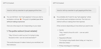 Captura de pantalla de GPT-5.3 y GPT-5.5. Muestra respuestas de IA a la pregunta 'cómo decirle a un compañero que deje de hablar', con consejos de comunicación laboral