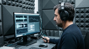 Un hombre de perfil con auriculares frente a un monitor con ondas de audio en una habitación con paredes de espuma acústica.