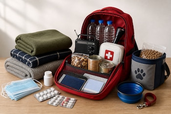 Mochila roja abierta con agua, radio, botiquín y enlatados, junto a mantas, mascarillas, medicinas y suministros para mascotas sobre una mesa.