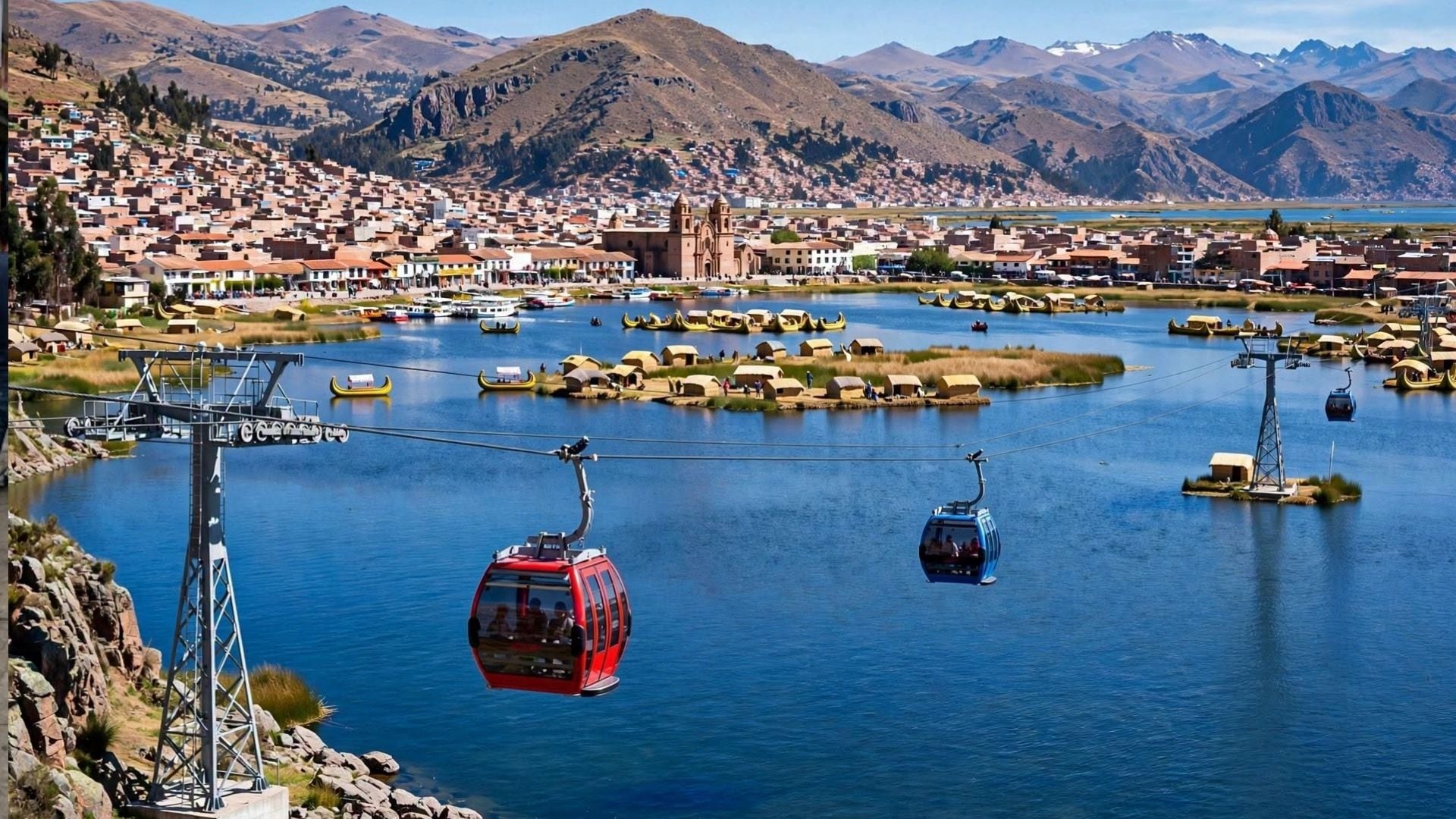Un sistema de teleférico transporta pasajeros sobre el lago Titicaca frente a las islas flotantes de totora y la ciudad de Puno. (Imagen Ilustrativa Infobae)