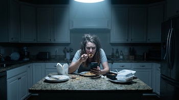 Una mujer sostiene una cuchara y un teléfono móvil frente a varios envases de comida sobre un mostrador de cocina iluminado desde arriba.