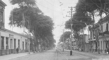 Calle adoquinada, hileras de árboles y edificios a ambos lados, vías de tranvía centrales, postes con cables eléctricos y personas en aceras