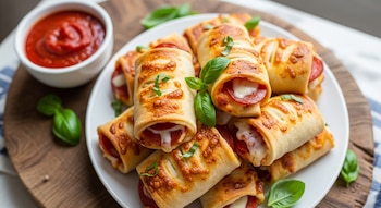 Un plato blanco lleno de rollitos de pizza caseros dorados con relleno de pepperoni y queso, decorados con hojas de albahaca fresca. Hay un tazón de salsa roja al lado.