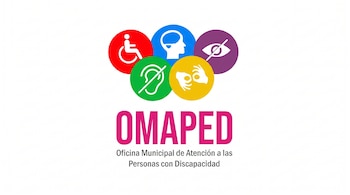 Logotipo de OMAPED con cinco círculos de colores que contienen íconos de silla de ruedas, cabeza, oreja tachada, manos en señas y ojo tachado sobre fondo blanco.