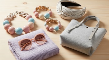 Collar de cuentas pastel, dos pulseras de cuentas, una diadema de tela gris, gafas de sol rosas, un bolso tote gris y un paño lila doblado.