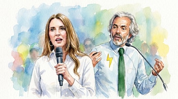 Ilustración en acuarela de Paloma Valencia hablando en un micrófono y Juan Daniel Oviedo a su derecha con una camisa clara, corbata verde y un símbolo de rayo amarillo.