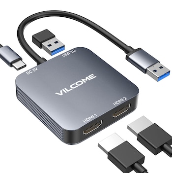Adaptador electrónico Vilcome de color gris, con un cable USB 3.0 incorporado, puertos USB 3.0, DC 5V USB-C y dos puertos HDMI. Dos cables HDMI sueltos