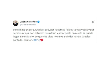 Captura de pantalla de una publicación en la red social X realizada por Cristian Ritondo con un texto dedicado a Lionel Messi