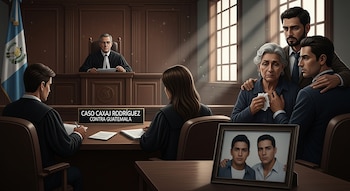 Un juez en un estrado, una bandera de Guatemala, dos abogados en sus asientos, tres personas en la parte derecha y una foto enmarcada de dos hombres jóvenes.