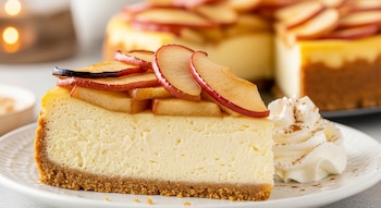 Un trozo de cheesecake de manzana con base de galleta, rodajas de manzana caramelizada encima y crema batida a un lado, en un plato blanco.