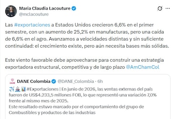 María Claudia Lacouture, presidenta ejecutiva de AmCham Colombia, dijo que debe aprovecharse para construir una estrategia exportadora estructural - crédito @McLacouture/X