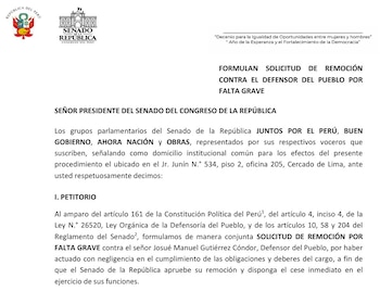 Documento oficial con membrete del Senado del Perú titulado solicitud de remoción contra el Defensor del Pueblo por falta grave