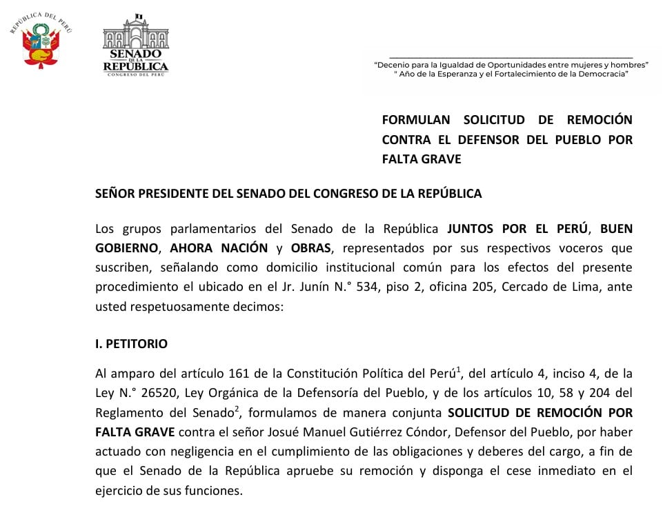Grupos parlamentarios del Senado de Perú presentan una solicitud de remoción contra el Defensor del Pueblo, Josué Gutiérrez Cóndor, por presunta falta grave.