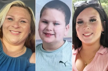 Collage de retratos de tres personas sonriendo: una mujer rubia a la izquierda, un niño con camiseta azul en el centro y una mujer de cabello oscuro a la derecha