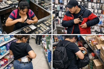 Cuatro paneles muestran a personas ocultando joyas en el sostén, un celular en el bolsillo de la chaqueta, pañales en la cintura y un alimento en la mochila.