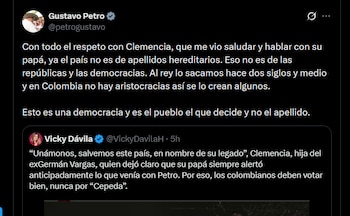 El presidente Gustavo Petro critica el llamado de Clemencia Vargas Umaña a no votar por Iván Cepeda en las elecciones presidenciales como homenaje a su padre, Germán Vargas Lleras - crédito X