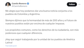 Camilo Romero celebró restablecimiento de relaciones diplomáticas entre Colombia y Argentina - crédito @CamiloRomero/X