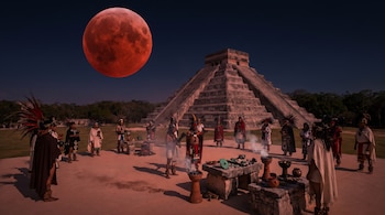 Un grupo de personas con vestimentas ceremoniales realiza un ritual frente a una pirámide de piedra bajo una luna roja en el cielo nocturno.