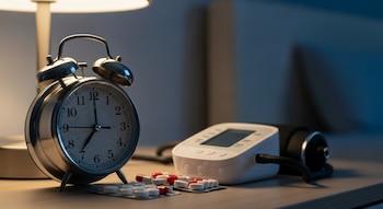 Reloj despertador de metal, pastillas en blísters, tensiómetro y una lámpara en una mesa de noche con fondo desenfocado.