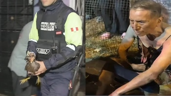 Díptico: A la izquierda, un sereno sostiene un pollo; a la derecha, un hombre mayor con hollín en el rostro y cuerpo sujeta un animal pequeño