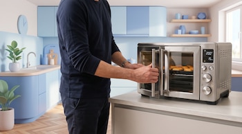 Persona que abre la puerta de un horno freidora de aire con comida en su interior, colocado sobre un mesón en una cocina celeste.