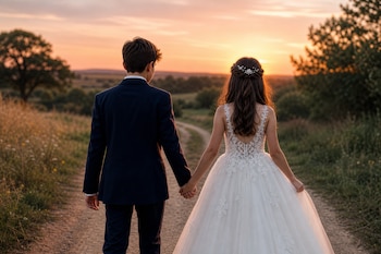 Un joven con traje oscuro y una joven con vestido blanco de novia caminan tomados de la mano de espaldas al atardecer en un campo.