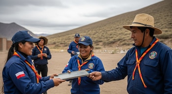 Varias personas con uniformes azules, gorras y pañuelos al cuello realizan trabajo comunitario en un paisaje desértico de Perú, con dos individuos intercambiando un objeto rectangular al frente.