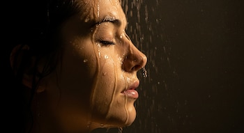 Primer plano de perfil de una mujer con ojos cerrados bajo el agua de la ducha, con gotas en el rostro y fondo oscuro.