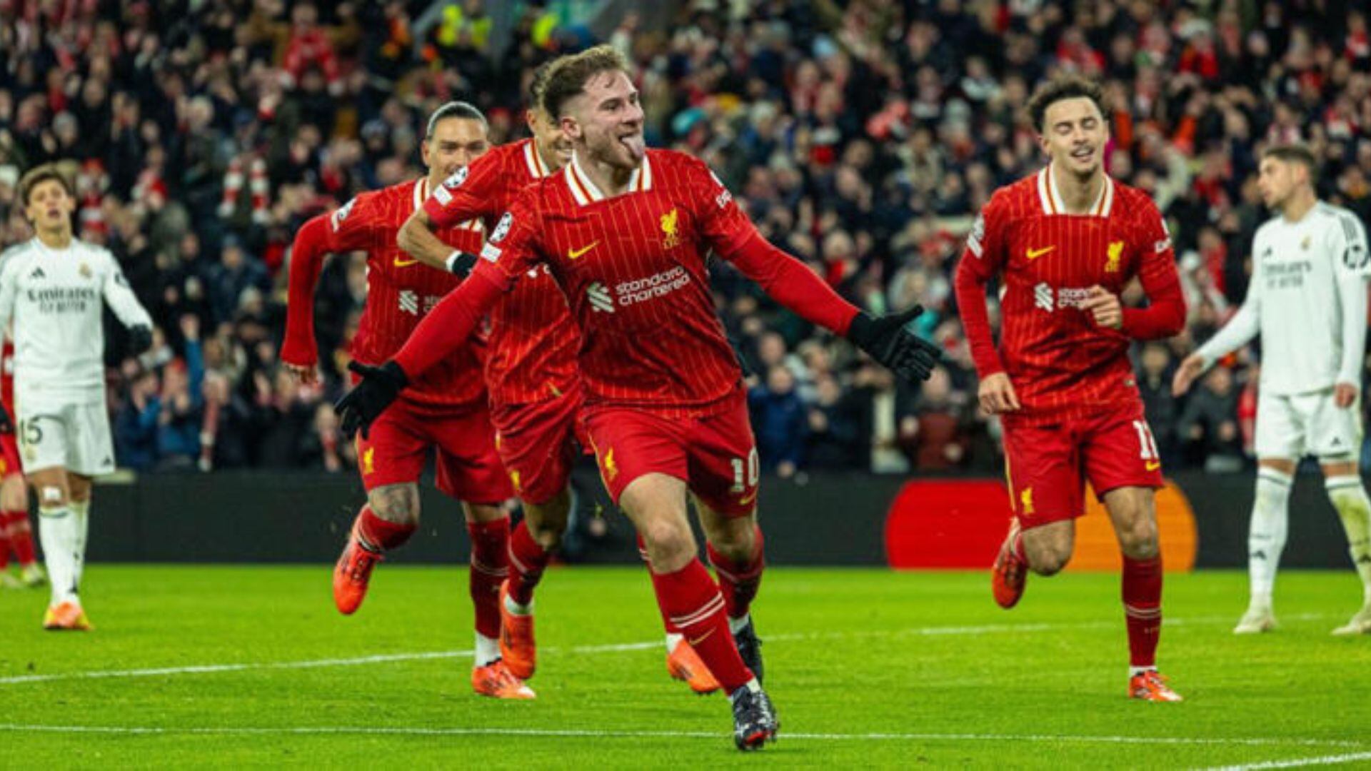 Alexis Mac Allister celebrando su último gol contra Real Madrid. - Crédito: AFP