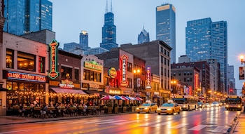 Vista de una calle concurrida en Chicago al atardecer, con edificios altos, restaurantes iluminados con luces de neón y tráfico de coches y autobuses.