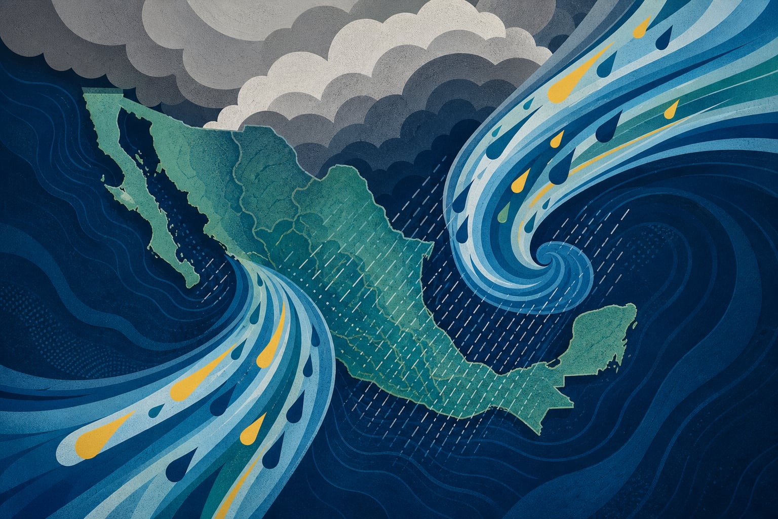 Una representación gráfica detalla el impacto de las ondas tropicales 30 y 31 sobre el territorio de México. (Imagen Ilustrativa Infobae)