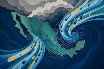 Mapa vectorial de México rodeado por corrientes de aire azul, nubes grises y gotas de lluvia.