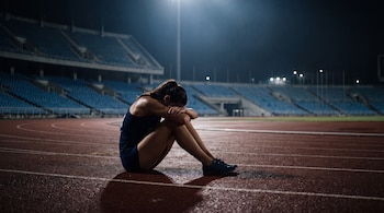 Una mujer en ropa deportiva sentada con la cabeza sobre los brazos en una pista de atletismo roja, frente a las gradas vacías de un estadio.