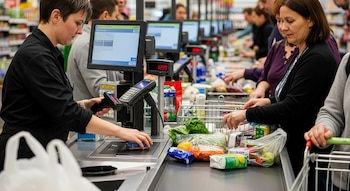 Una cajera escanea artículos en una caja registradora de supermercado. Varios clientes con carros esperan, colocando sus compras en la cinta.