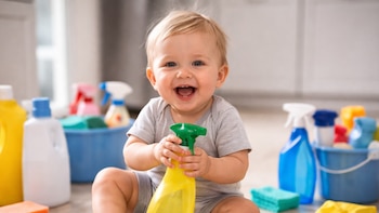 Un bebé rubio sonriente, sentado en el suelo, sostiene una botella de spray amarilla de Play-Doh. Alrededor hay más juguetes de limpieza y guantes