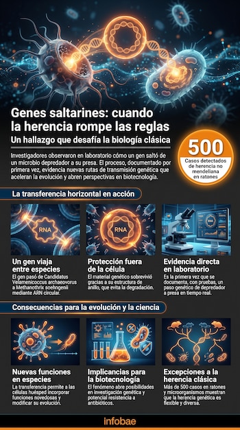 Infografía con ilustraciones de microorganismos, ADN, ARN circular, microscopio, tubos de ensayo, ratones y gráficos sobre transferencia de genes.
