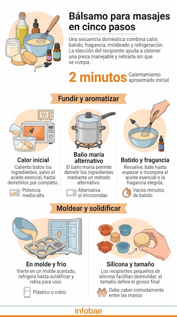 Infografía con ilustraciones de utensilios, microondas, refrigerador y moldes de silicona organizados en cinco pasos de elaboración.