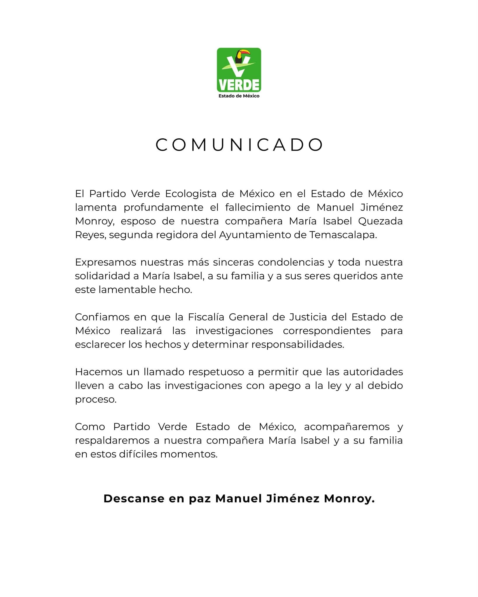 Tras el homicidio del esposo de la regidora, María Isabel Quezada, el PVEM compartió su comunicado (Redes)