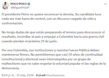 Polo Polo alertó sobre intentos de desconocer resultados y llamó a defender la institucionalidad - crédito @MiguelPoloP/X