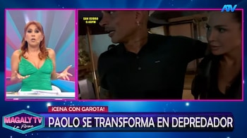 Magaly Medina en pantalla de televisión dividida, con Paolo Guerrero y una mujer a la derecha, y gráficos del programa "Magaly TV La Firme" abajo