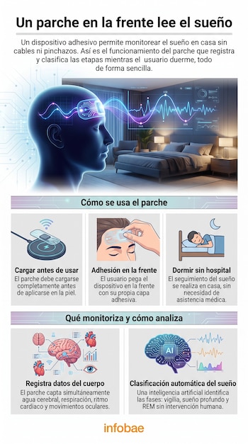 Infografía sobre un parche monitor de sueño, que incluye una cabeza humana con ondas cerebrales, un dormitorio, y paneles con pasos de uso y datos monitoreados.