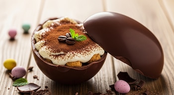 Huevo de Pascua de chocolate oscuro partido con tiramisú cubierto de cacao en polvo, granos de café y menta, sobre mesa de madera clara con huevos pequeños de colores.