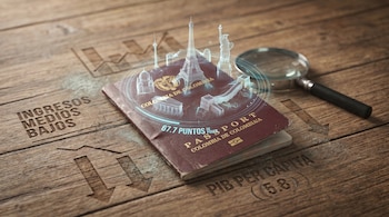 Primer plano de un pasaporte colombiano sobre una mesa de madera. Emanan hologramas de monumentos globales. Datos económicos grabados en la madera, junto a una lupa.